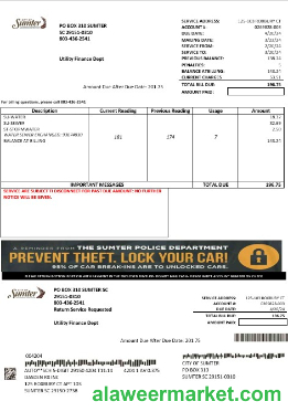 USA City of Sumter South Carolina water business utility bill template in Word and PDF formats